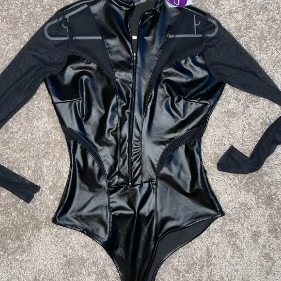 NEW NWT Windsor Black Mesh Sleeve Bodysuit Halloween cop cat motorcycle costume - Picture 9 of 10